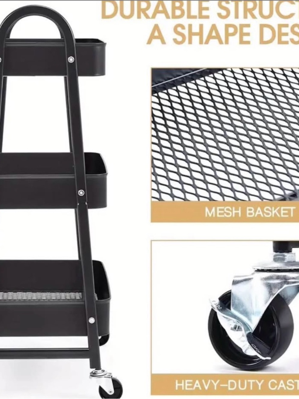 Black 3-Tier Rolling Kitchen Cart Organizer - Brand